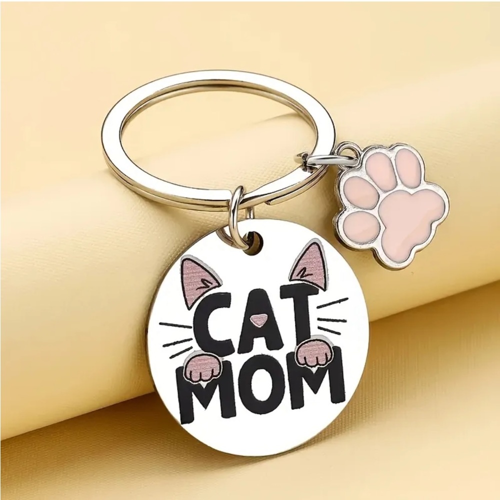 Cat Mom Key Ring Keychain with Pink Paw Charm